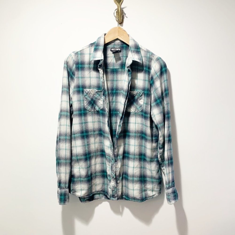 Vintage Hot Topic 90s Plaid Flannel Shirt Size Medium Large Y2K Green Cotton